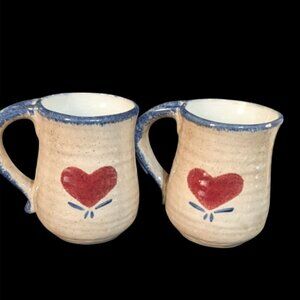 Handmade Stoneware Pottery Mugs Pair Red Heart Blue Trim Rustic Kitchen BW92